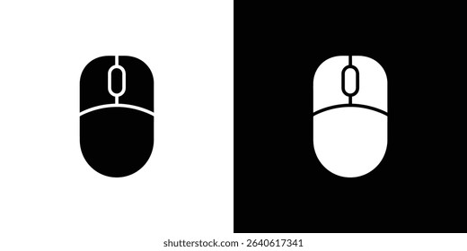 This image showcases two minimalist computer mouse icons one black on a white background, and the other white on a black background, illustrating contrast and visual balance.