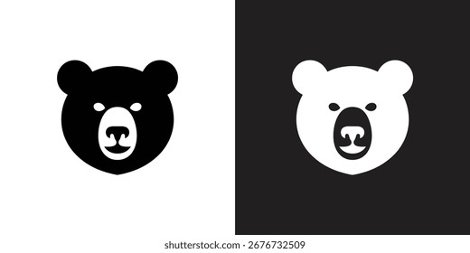 This image showcases two minimalist bear face icons, one black on a white background, the other white on black, perfect for logo design or graphic elements.