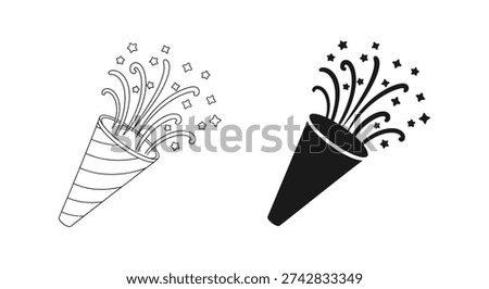 This image showcases two party horns with sparkling bursts, notable for its bold silhouette style and contrasting design elements.