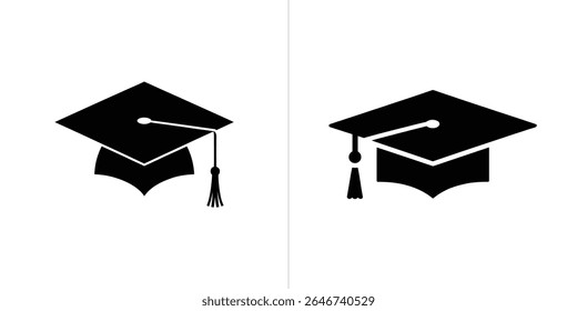 This image showcases two stylized black graduation caps with tassels, positioned against a white backdrop divided into two halves, symbolizing academic achievement and learning.