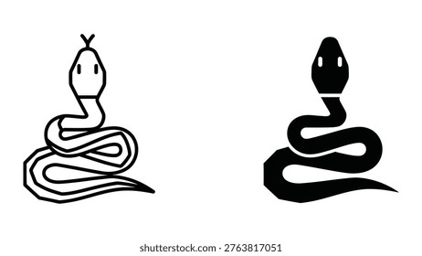 This image showcases two stylized representations of snakes or serpents. The left side features a snake drawn with thin, light lines and an 'x' marking on its head, possibly indicating a stylized or symbolic representation. The right side displays a bold, thick, black snake with a more pronounced and solid appearance, emphasizing its form and structure.
