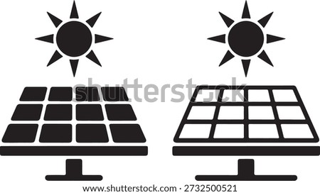 This image showcases two stylized suns positioned above two solar panels, utilizing a simple black-and-white design. It represents harnessing solar energy as a clean and sustainable power source. high-quality professional detailed modern elegant stylish crisp