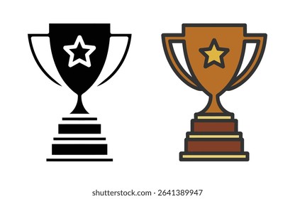This image showcases two variations of a trophy icon, one in black and the other in gold, both featuring a star and a tiered base, suitable for various design purposes.