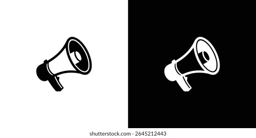 This image showcases two vector illustrations a white megaphone on a black backdrop and a black megaphone on a white background, high contrast design.