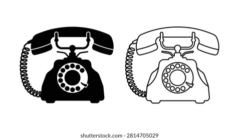 This image showcases two vintage rotary telephones presented as black and white line art. A notable feature is the silhouette style used for the black