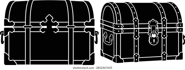 This image showcases two vintage treasure chests presented as a striking black silhouette against a clean white background, emphasizing its distinctive style.