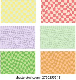 Esta imagem mostra uma coleção exclusiva de seis padrões de plano de fundo distintos organizados em duas colunas e três linhas. Cada azulejo apresenta um vibrante, ondulado xadrez ou design de grade, criando um forte efeito visual psicodélico e distorcido. As cores incluem amarelo suave e verde pálido, rosa e creme, lavanda, verde claro, verde-limão brilhante e laranja-bronzeado quente. Estas superfícies abstratas e repetitivas são perfeitas para projetos de arte digital, papéis de parede na moda ou cenários de design gráfico retro-inspirado que precisam de uma textura divertida. Os vários esquemas de cores oferecem versatilidade para aplicações estéticas modernas e vintage.
