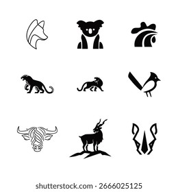 Esta Imagen muestra una variedad de diseños creativos y minimalistas de logotipos de animales en blanco y negro, ideales para proyectos de marca, Diseño gráfico y temática de vida silvestre.