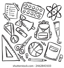 This image showcases a variety of doodles depicting common school supplies on a plain white background. The doodles include items like pencils, rulers, scissors, 