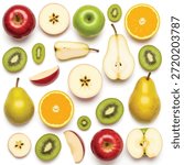 This image showcases a variety of fresh fruits arranged neatly. It includes apples, pears, kiwis, and oranges, some of which are sliced open to reveal their interiors. The fruits are vibrant and colorful, creating an appealing visual display.