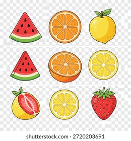 This image showcases a variety of fresh fruits arranged in a visually appealing manner. The fruits include watermelon, orange, lemon, grapefruit, and strawberry. Each fruit is displayed in both whole and sliced forms, highlighting their vibrant colors and textures.