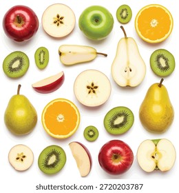 This image showcases a variety of fresh fruits arranged neatly. It includes apples, pears, kiwis, and oranges, some of which are sliced open to reveal their interiors. The fruits are vibrant and colorful, creating an appealing visual display.