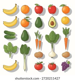 Esta Imagen muestra una variedad de frutas y verduras frescas. Incluye plátanos, naranjas, manzanas, aguacates, limones, pepinos, zanahorias, espinacas, tomates y más. El producto es vibrante y colorido, lo que indica su frescura y disposición para el consumo.