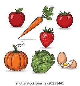 Esta Imagen muestra una variedad de frutas y verduras frescas. Incluye una manzana, una zanahoria, un tomate, una fresa, una calabaza, una cabeza de repollo y un huevo. Cada elemento se representa de una manera vibrante y colorida, destacando su frescura natural y atractivo.