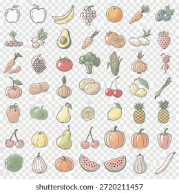 Esta Imagen muestra una variedad de frutas y verduras frescas. Incluye manzanas, plátanos, naranjas, uvas, peras, piñas, brócoli, zanahorias, calabazas, aguacates y más. La ilustración es colorida y detallada, destacando la belleza natural y la diversidad de estos alimentos saludables.