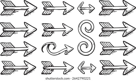 This image showcases a variety of hand-drawn arrows and a swirl, all rendered in a striking black and white silhouette style. The arrows point in different directions, adding visual interest