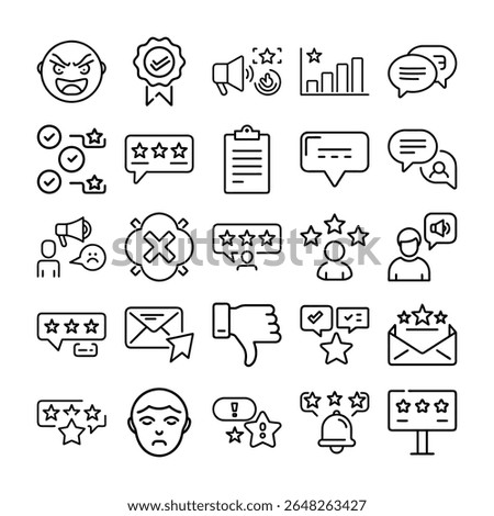 This image showcases a variety of line icons depicting customer feedback, ratings, reviews, and overall customer satisfaction or dissatisfaction with a product or service.