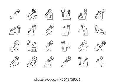 This image showcases a variety of microphone icons in a simple, outlined style, illustrating different types and configurations for audio recording.