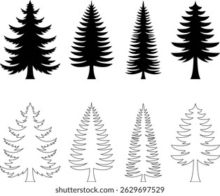 This image showcases a variety of stylized evergreen tree silhouettes, both filled and outlined, offering diverse shapes and sizes for design use.