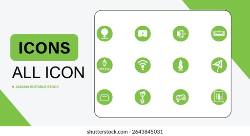 This image showcases a variety of white icons within green circles, representing concepts such as video, wifi, and other abstract symbols.