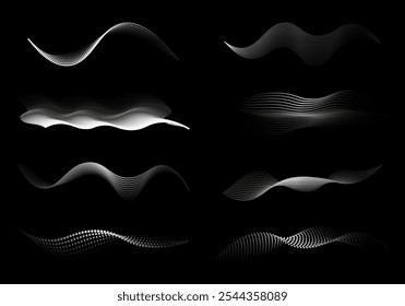 This image showcases various abstract wave patterns in black and white.Vector illustration