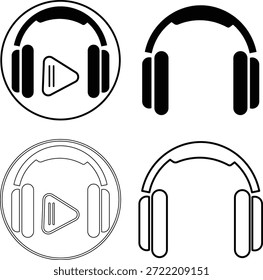 Esta Imagen muestra varios íconos de auriculares y Botones de juego, presentados en una atrevida estética en blanco y negro, con un estilo de silueta distintivo que enfatiza la simplicidad