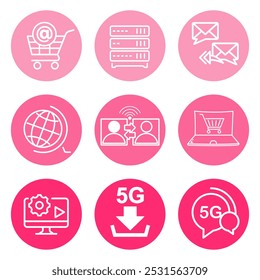 Dieses Bild zeigt verschiedene Internet-Symbole, darunter E-Mail, Server, Online-Warenkorb, Videoanruf, Globus, 5G-Download, Einstellungen, die E-Commerce, Kommunikation und digitale Konnektivität darstellen