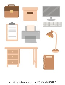 This image showcases various office supplies and furniture in a minimalis. It includes a desk, computer, keyboard, printer, clipboard, notebook, briefcase, storage box, and a desk lamp. 