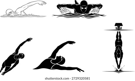 This image showcases various swimming styles and techniques through five distinct illustrations. Each illustration highlights a different aspect of swimming, from diving to different strokes, emphasizing the diversity and complexity of the sport.