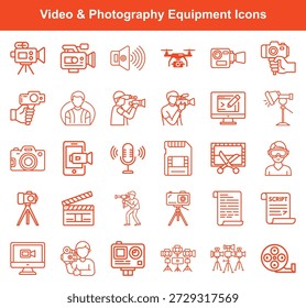 This image showcases various video and photography equipment icons, including cameras, drones, and film-related tools, illustrating a comprehensive set of filmography elements.