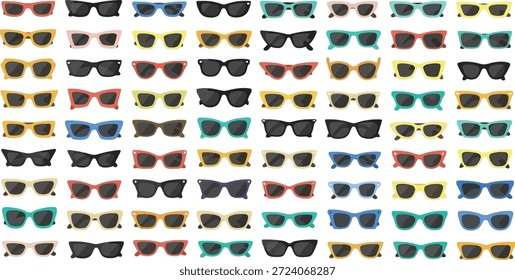 This image showcases a vast assortment of sunglasses arranged neatly on a clean white background, highlighting their diverse designs and colors. The collection presents a wide range of styles and frames, making it a visually appealing display for fashion and eyewear enthusiasts. The organized presentation allows for easy comparison and appreciation of the various sunglasses.