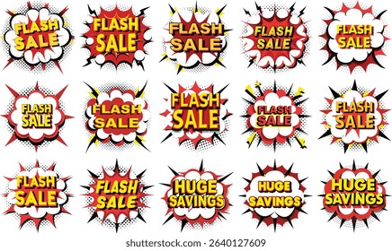This image showcases a vector graphics collection of fifteen vibrant comic book style explosion bubbles with Flash Sale and Huge Savings promotional text.