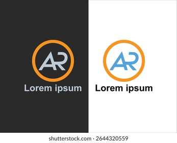 This image showcases a vector logo design featuring the initials AR The logo is presented in two color variations One version displays the letters in light blue and gray against a dark gray 