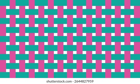 Esta imagem mostra um padrão de tecido abstrato vibrante.  O design apresenta interseção de retângulos rosa e azul-petróleo isolados em um fundo branco, criando um efeito têxtil visualmente atraente.