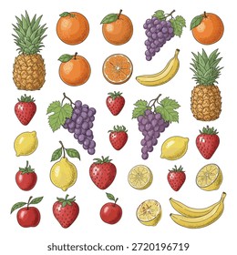 Esta Imagen muestra una vibrante variedad de frutas frescas, que incluyen piñas, naranjas, uvas, plátanos, fresas, limones, limas y manzanas. Los frutos están dispuestos de una manera visualmente atractiva, destacando sus colores y texturas naturales. Cada fruta se representa en un estilo detallado y realista, haciendo que la Imagen sea tanto educativa como estéticamente agradable.