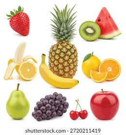 This image showcases a vibrant assortment of fresh fruits. It includes a variety of popular fruits such as strawberries, pineapple, kiwi, watermelon, banana, orange, pear, grapes, cherries, and apple. The fruits are arranged in a visually appealing manner, highlighting their natural colors and textures. This collection represents a healthy and nutritious selection of fruits that are commonly enjoyed worldwide.