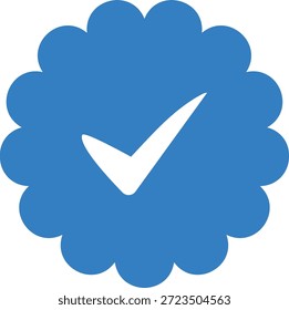 Dieses Bild zeigt ein lebhaftes blaues Schild mit einem weißen Häkchen, das die Kontoüberprüfung anzeigt. Das Design zeichnet sich durch eine florale Form mit blütenblattartigen Rändern aus, und die Ästhetik ist insgesamt eine markante Silhouette. hochwertig professionell detailliert modern elegant stilvoll sauber knusprig bunt