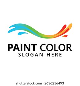 This image showcases a vibrant and colorful logo design for a paint company. Featuring a dynamic brush stroke with a gradient of blue, green, yellow, and red hues, it symbolizes creativity and artisti