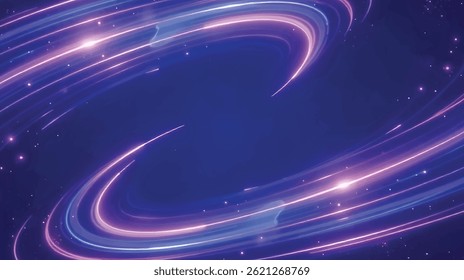 This image showcases a vibrant cosmic swirl of glowing purple and blue light trails against a deep blue space-like background, creating a sense of motion and energy.