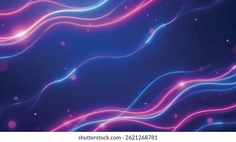 This image showcases a vibrant cosmic swirl of glowing purple and blue light trails against a deep blue space-like background, creating a sense of motion and energy.
