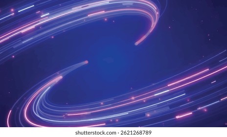 This image showcases a vibrant cosmic swirl of glowing purple and blue light trails against a deep blue space-like background, creating a sense of motion and energy.