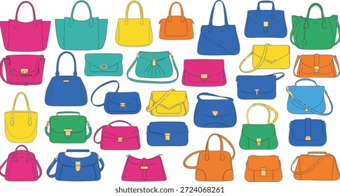 Esta imagem mostra uma coleção vibrante e diversificada de bolsas e bolsas em várias cores, formas e tamanhos. A variedade inclui bolsas de bolsa, bolsas de ombro, embreagens e sacolas, todas com garras de ouro e colocadas contra um fundo branco limpo. A ilustração destaca os diferentes estilos e designs das bolsas, tornando-se uma ótima representação visual para os entusiastas da moda e aqueles que buscam inspiração para sua próxima compra.