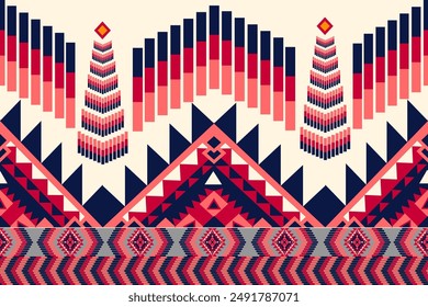 Esta Imagen muestra un patrón de tejido geométrico vibrante y dinámico con una mezcla de tonos rojos, azul marino y blancos. El diseño cuenta con Grandes motivos triangulares y líneas en zigzag en capas.