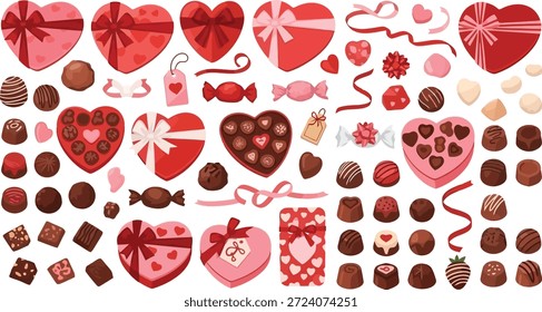 Esta Imagen muestra un surtido vibrante y festivo de dulces y chocolates del Día de San Valentín. La colorida pantalla presenta golosinas en forma de corazón, caramelos envueltos, trufas de chocolate y otros dulces en tonos de rosa, rojo y marrón. La Imagen es perfecta para ilustrar celebraciones del Día de San Valentín, gestos románticos o dulces.