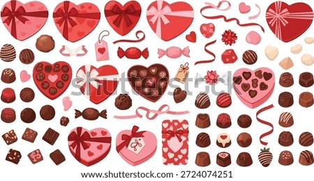 This image showcases a vibrant and festive assortment of Valentine's Day candies and chocolates. The colorful display features heart-shaped treats, wrapped candies, chocolate truffles, and other sweet goodies in shades of pink, red, and brown. The image is perfect for illustrating Valentine's Day celebrations, romantic gestures, or sweet treats.