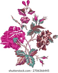 Esta Imagen muestra un vibrante *motivo floral* con flores estilizadas en tonos rosados y marrones brillantes, acentuadas por hojas y brotes verde azulado en subgrupos delgados sobre un fondo blanco.