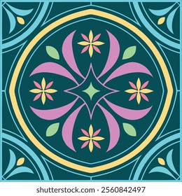 This image showcases a vibrant geometric floral design featuring stylized flowers in shades of pink and yellow, set against a deep teal background.