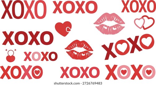 This image showcases a vibrant graphic design on a black background, comprising multiple instances of 'XOXO' in bold red and pink typography, interspersed with heart symbols and detailed lip prints in various shades of red and pink. The design exudes a playful and affectionate vibe, perfect for expressing love and fondness during holidays like Valentine's Day.
