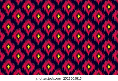 This image showcases a vibrant ikat pattern with geometric motifs in red, yellow, and navy, representing traditional textile design and ethnic craftsmanship. Ideal for projects involving fabric art,
