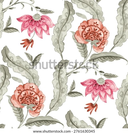 This image showcases a vibrant and intricate floral pattern on a white background. The design features four large flowers, oriented differently, with varying shades of coral petals, ranging from light to dark, and darker inner centers. The flowers are likely watercolor-style illustrations, yet their style is not explicitly attributed as such. Elegant green leaves and stems are meticulously positioned around each flower and the image's perimeter, creating a harmonious balance.